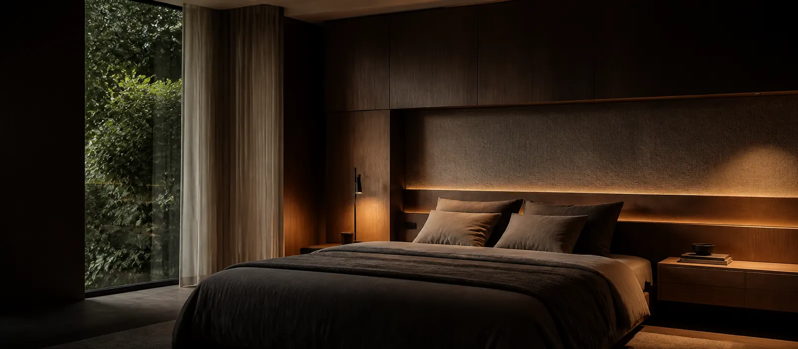 Warm bedroom featuring custom timber veneer wall joinery and integrated bedside cabinets