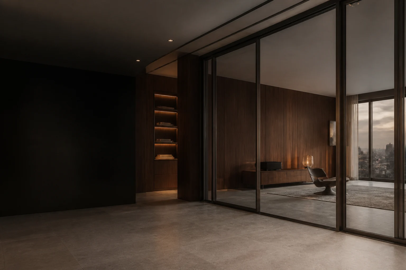 Contemporary smoked glass and walnut joinery interior