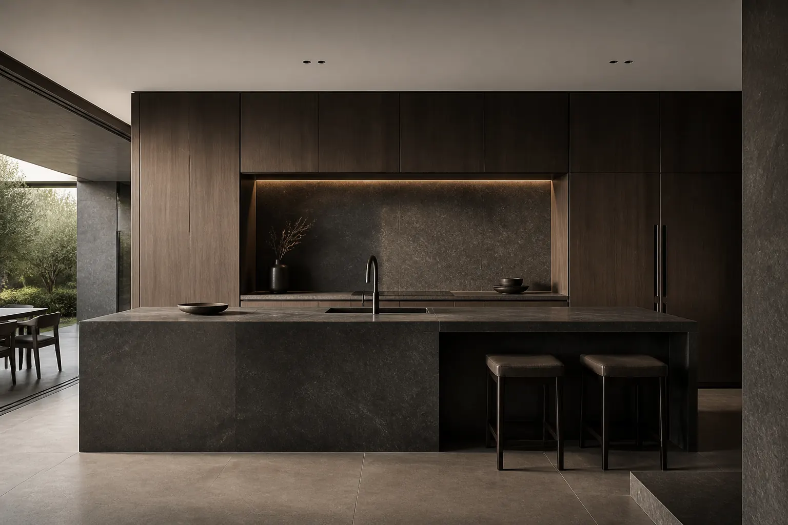 Dark stone and timber veneer kitchen cabinetry