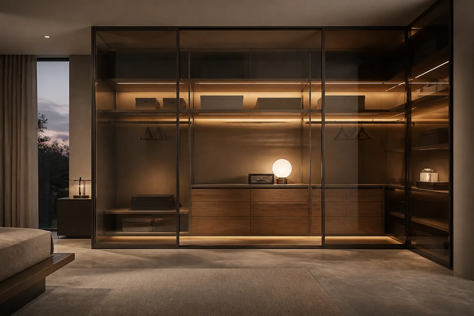 Glass fronted walk-in wardrobe with integrated lighting