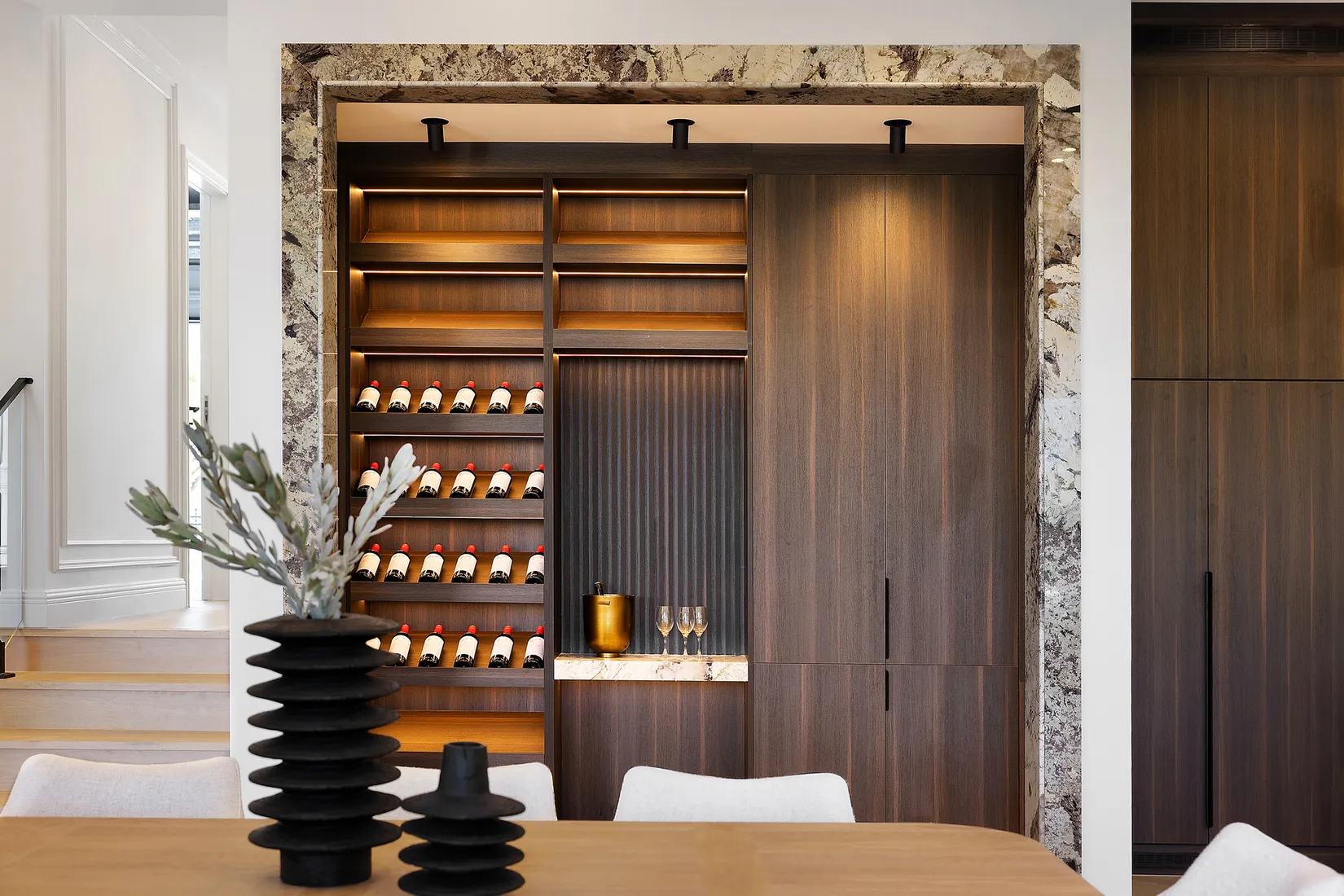 East Killara wine wall and timber cabinetry
